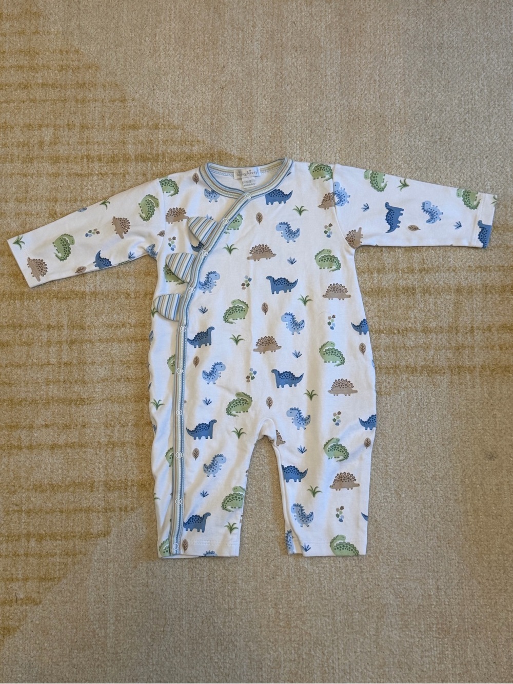 Baby One-Piece Romper in White with Blue & Green Dino Print
